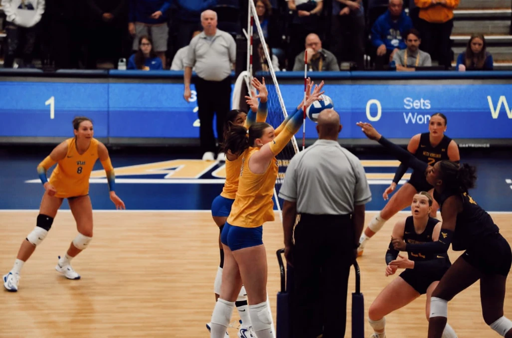 Jessica Smallwood blocking at the net during a Pittsburgh home match